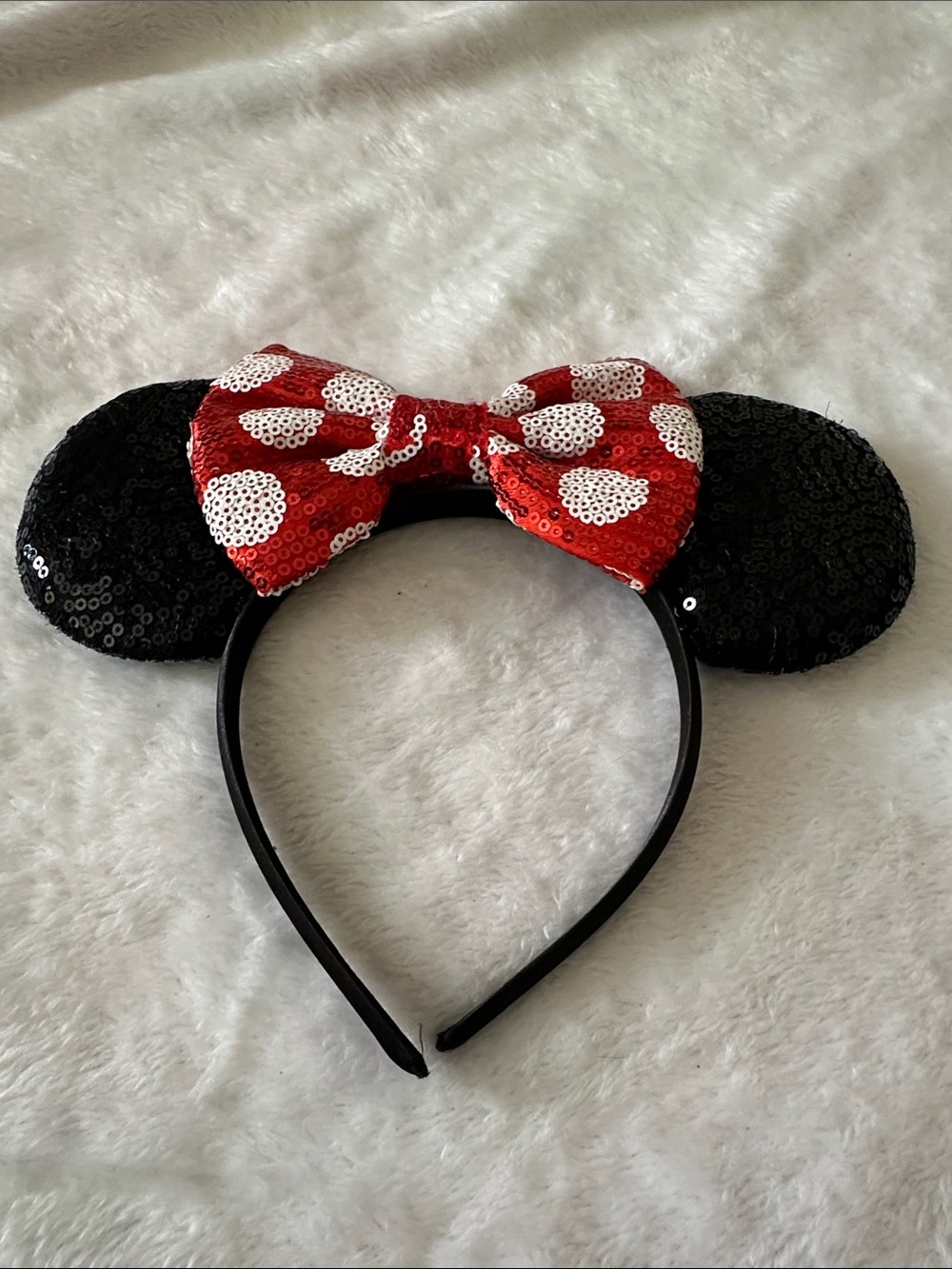 Disney Sequin Minnie Mouse Ear Headband in Black and Red with White Polka Dots